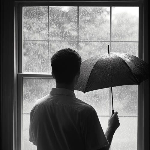 Man with umbrella looks at rain through window
