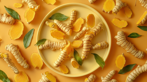 Turmeric and ginger roots on a plate