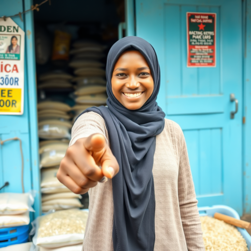 Mariam Lawal, Smiling Rice Trader Points to Shop