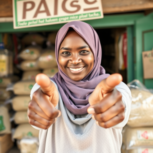 Mariam Lawal Proudly Pointing at Her Rice Shop