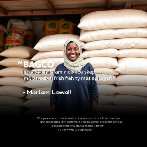 Mariam Lawal Proudly Promoting BAGCO Rice Sacks