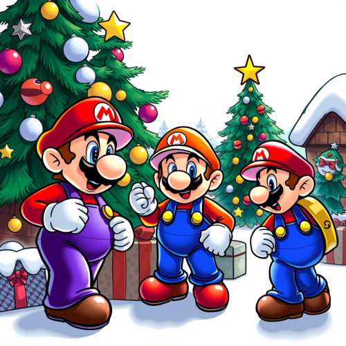 Mario Brothers Celebrating Christmas with Colorful Background