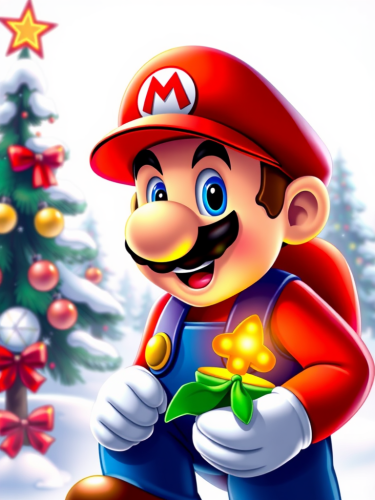 Mario Celebrating Christmas on a White Background