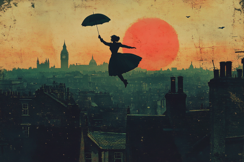 Mary Poppins flies with umbrella over London rooftops.