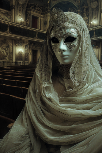 Masked woman in ghostly dress at eerie opera house
