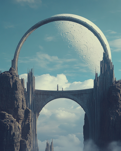 Massive bridge with tower, moon, sculpture in ancient city.