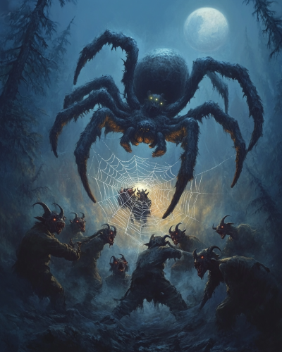 Massive spider traps goat-headed humans in dark forest.