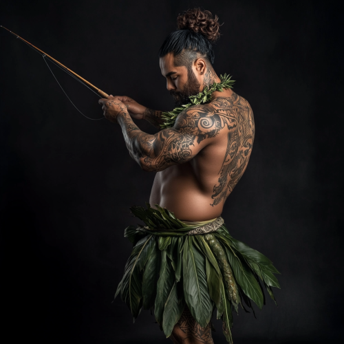 Maui, Polynesian god in traditional attire fishing