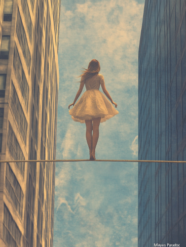 Maya balancing on tightrope between two office buildings.