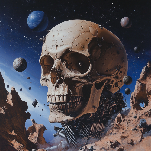 Mechanical skull floating in space with planets