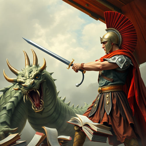 Medical Student Battles Textbook Dragon with Stethoscope