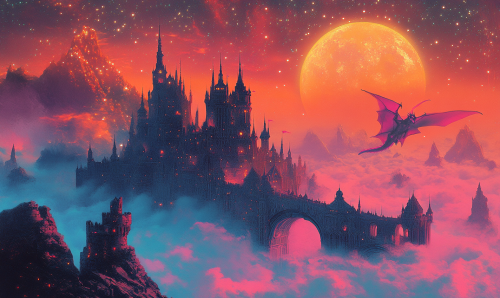 Medieval Fantasy Landscape with Dragons and Castles