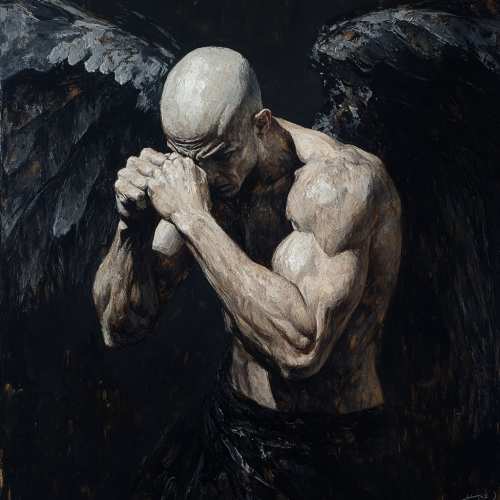 Medieval Male Angel Oil Painting with Flared Wings Medieval Male Angel Oil Painting with Flared Wings
