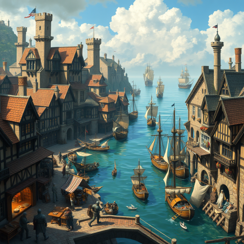 Medieval Port City with Boats, Knights, and Vendors