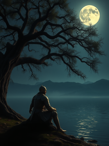 Medieval Soldier Reflecting Under Moonlight by Lake