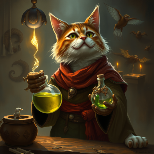 Medieval cat sells magic potion in fantasy world.