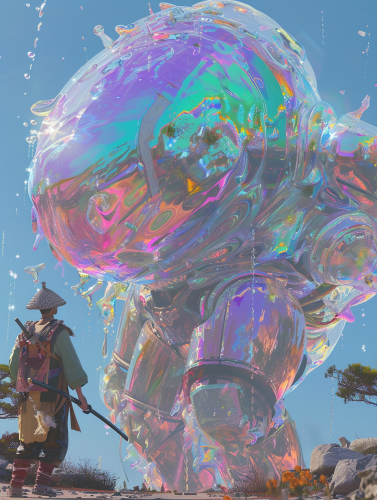 Medieval farmer gazes up at colossal samurai warrior. Medieval farmer gazes up at colossal samurai warrior.