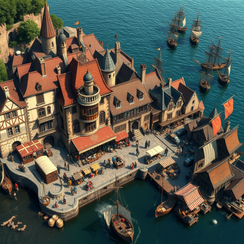 Medieval port town with ships, buildings, and stalls.