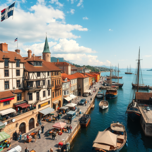 Medieval town near bay with ships and vendors.