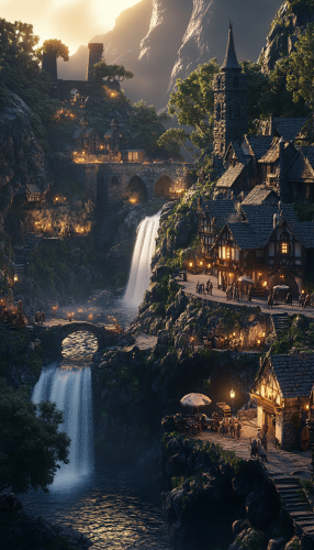 Medieval village near magical waterfall in enchanted valley. Medieval village near magical waterfall in enchanted valley.