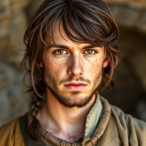 Medieval young man with brown hair and dirt.