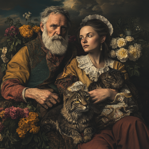 Men and women pose with wild cats and flowers