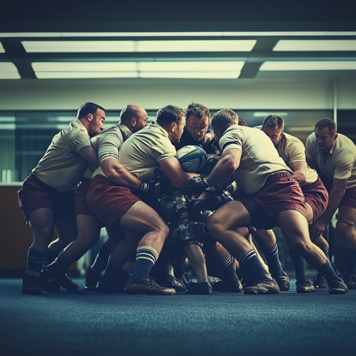 Men in industrial attire scrum in modern office environment.