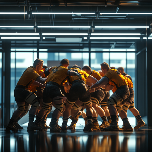 Men in rugged, machine-inspired workwear participate in an office scrum.