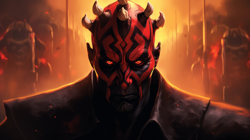 Menacing Darth Maul with fiery backdrop