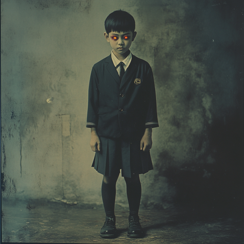 Menacing Japanese school boy with evil glowing eyes