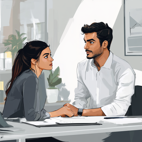 Mentor giving feedback to young professional in office