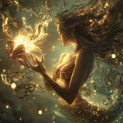 Mermaid casting spell with glowing shell in seafloor