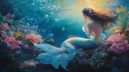 Mermaid near coral reef undersea in soft light.
