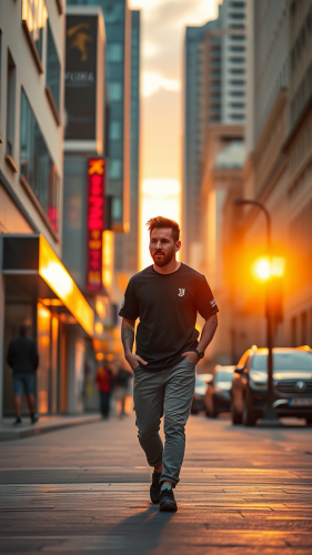 Messi strolls in city at sunset.