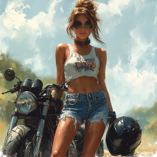 Messy bun girl in chic outfit near motorcycle.