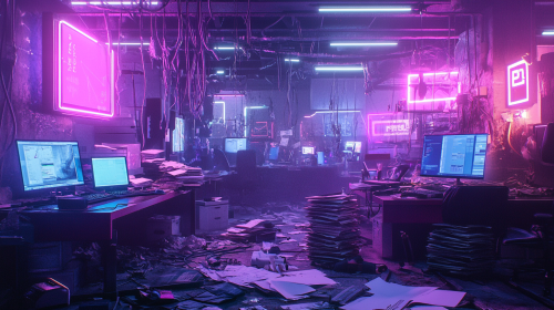 Messy high-tech office in neon chaos