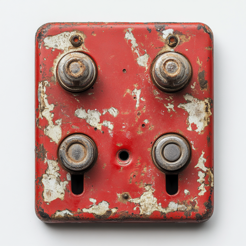 Metallic switch with red base, three metal prongs, viewed from above.