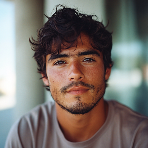 Mexican-Portuguese-American man, oblong face, dark features, t-shirt, film.