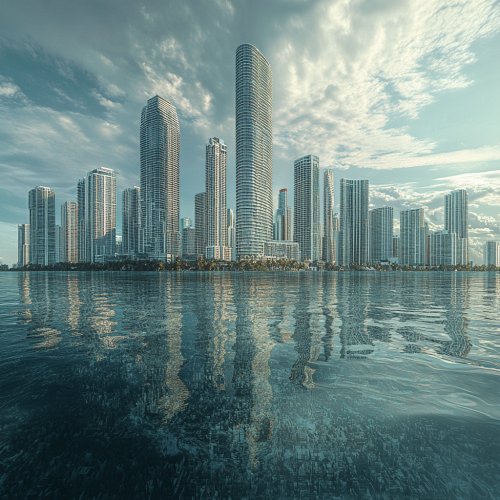Miami skyline in future dystopia, 20 tall buildings remain.