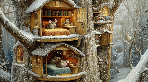 Mice Home in Tree with Snowy Outside
