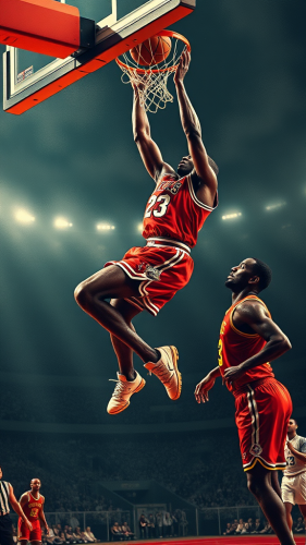 Michael Jordan dunks on LeBron James in basketball. Michael Jordan Dunks on LeBron James