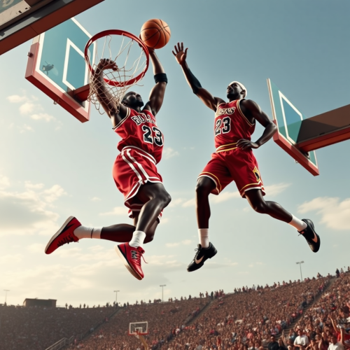 Michael Jordan dunks over LeBron James in basketball.
