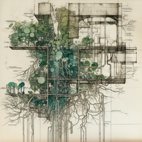 Microbes growing on mould scaffolding, roots abstract form.