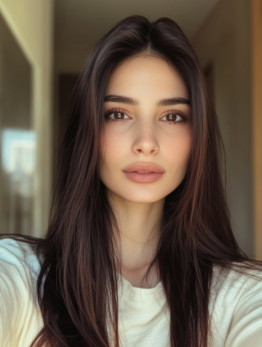 Middle-Eastern woman in her thirties taking selfie