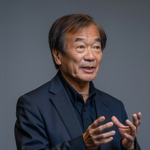 Middle-aged Asian man in suit giving lecture.