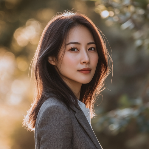 Middle-aged Chinese woman poses in park