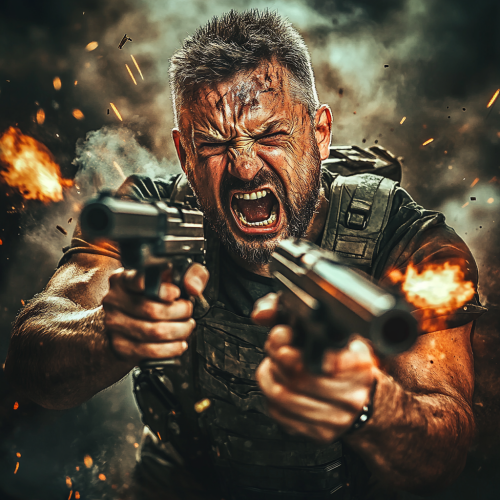 Middle-aged man with machine guns screaming and shooting. Middle-aged man with machine guns screaming and shooting.