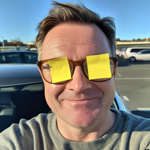 Middle aged man with post-it notes selfie 