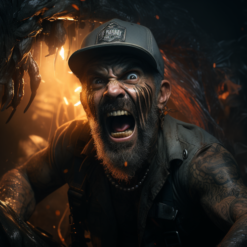 Middle aged tattoo artist fights heroically in cave. Middle aged tattoo artist fights heroically in cave.