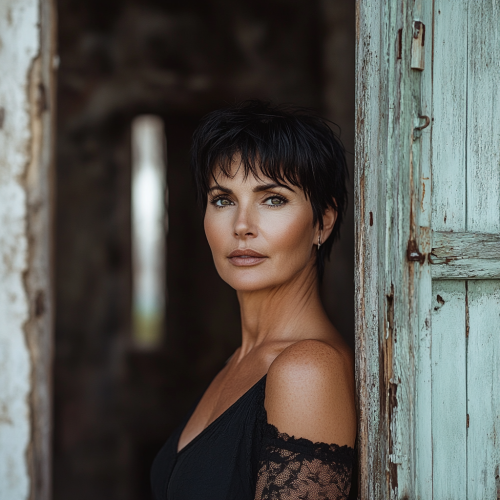 Middle aged woman with short black hair posing by old doorway for fashion magazine shoot